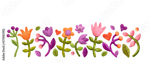 border various flowers, leaves, herbs and plasticine hearts. Colored plasticine clay 3D illustration on white background, cute dough shape