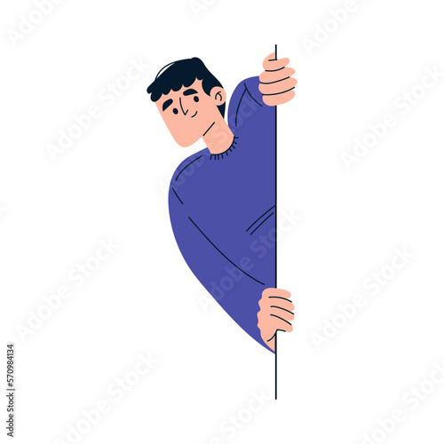 Man Character Looking Out and Peeking from Corner or Wall Vector Illustration