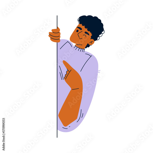 Man Character Looking Out and Peeking from Corner or Wall Vector Illustration
