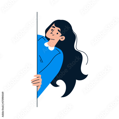 Woman Character Looking Out and Peeking from Corner or Wall Vector Illustration