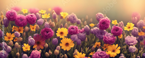 A field of beautiful colorful spring flowers. Generative AI illustration