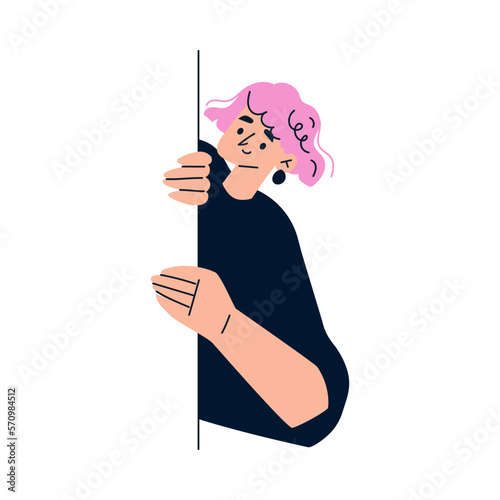 Woman Character Looking Out and Peeking from Corner or Wall Vector Illustration