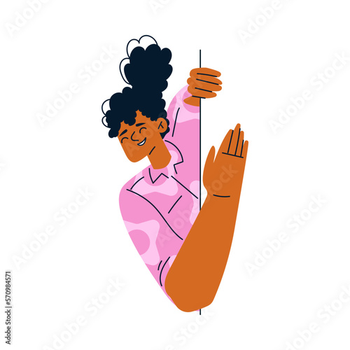 African American Woman Character Looking Out and Peeking from Corner or Wall Vector Illustration