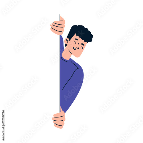 Man Character Looking Out and Peeking from Corner or Wall Vector Illustration