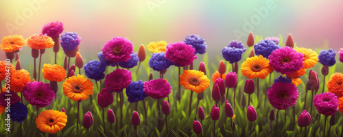 A field of beautiful colorful spring flowers. Generative AI illustration