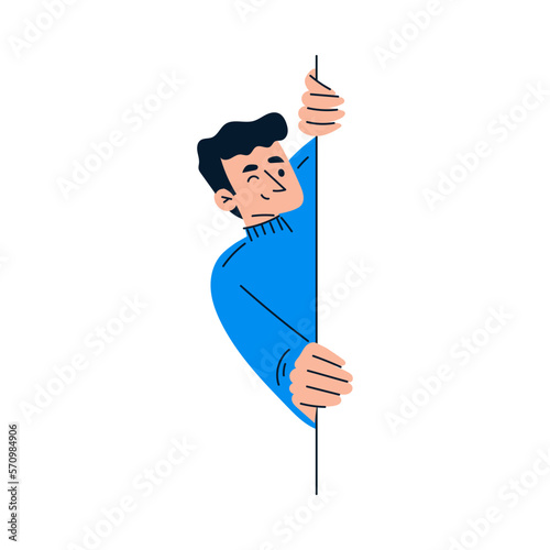 Man Character Looking Out and Peeking from Corner or Wall Vector Illustration