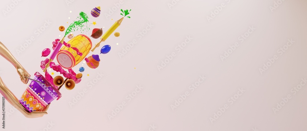 Naklejka premium Indian festival Holi elements. Holi decoration elements. colorful trendy banner. 3d rendering in white background