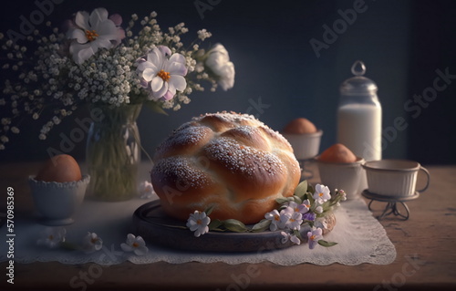 Easter braided bread and Easter eggs. Still-life