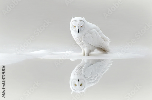 Lonely white owl in the snow, looking at its reflection in the water. Fictional illustration. Created with Generative AI technology.