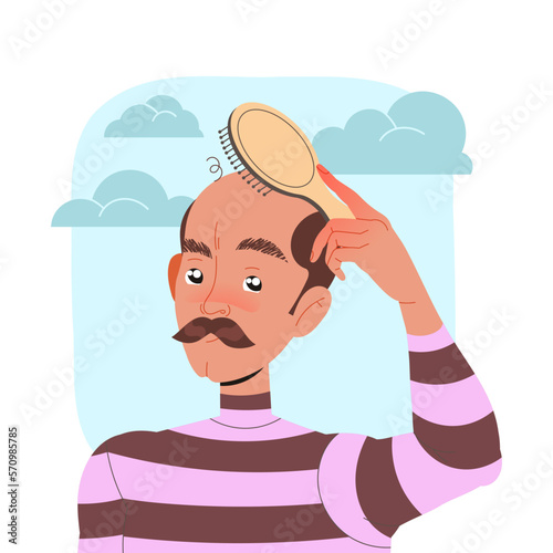 Mustached Man with Brush Losing His Hair Suffer from Alopecia or Baldness Vector Illustration