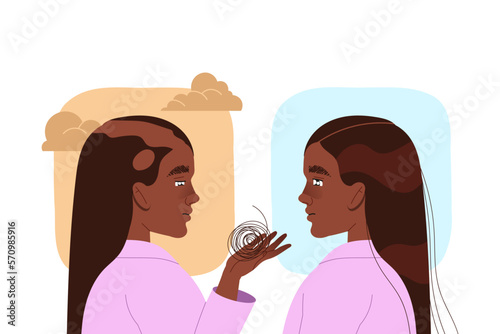 Woman with Wig Clump Losing Her Hair Suffer from Alopecia or Baldness Vector Illustration