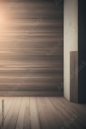 Empty old wooden plank wall 3d rendering  It has concrete floor  Behide floor is a tropical garden  sunlight shine into the room - generative ai