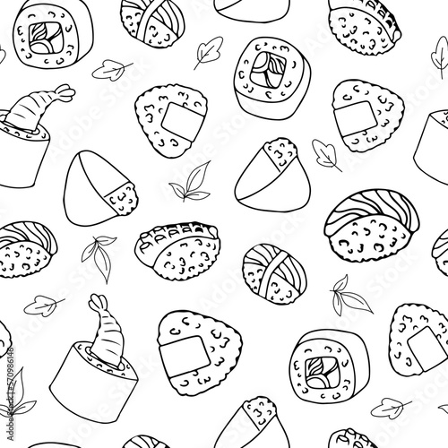 Seamless pattern Set for sushi. Different types of sushi and rolls. Traditional Japanese roll, with tobiko caviar, original with Philadelphia cheese and soy sauce, salmon and king prawns. Vector