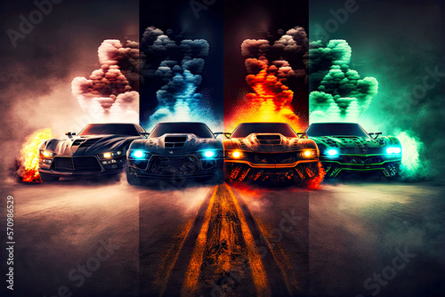 drag racing start dangerous car races on burning asphalt , generative ai photo