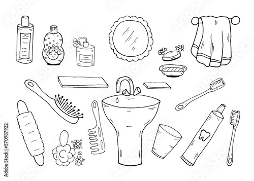 Fototapeta Naklejka Na Ścianę i Meble -  Doodle Set Bathroom items. Vector hygiene baby, children coloring. Hand drawn illustration line art.