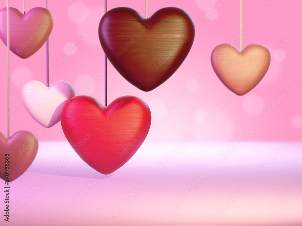 Wooden hearts over a soft pink background. Digital illustration, 3D rendering.
