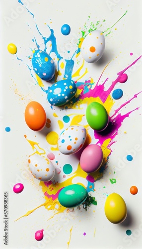 Colorful easter eggs with paint splashes isolated on a white background. AI Generative Background.
