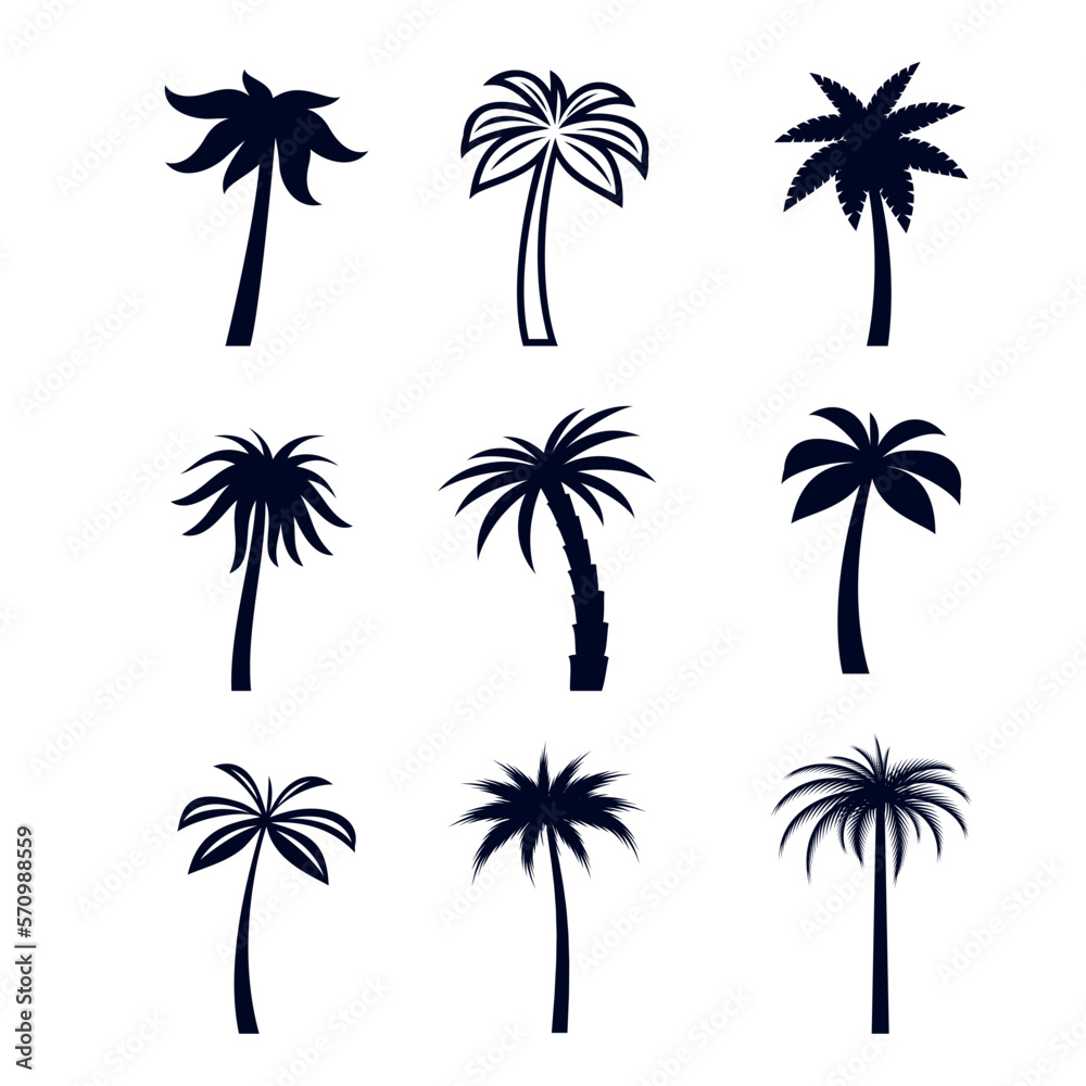 Set of African Rainforest Coconut Trees or Tropical Palm Trees on white Backdrop. Simple Black Silhouette for Posters, Banners and Promotional Items