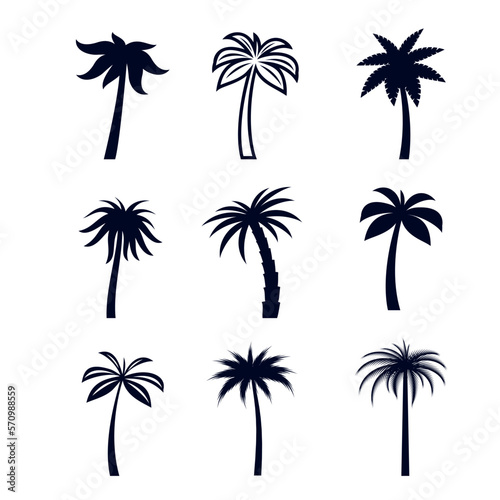 Set of African Rainforest Coconut Trees or Tropical Palm Trees on white Backdrop. Simple Black Silhouette for Posters  Banners and Promotional Items