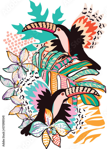 Decoration with tropical leaves and minimalist organic shapes, from a drawing of a fun toucan, ready to print. Hand drawing floral design for textile and decoration.