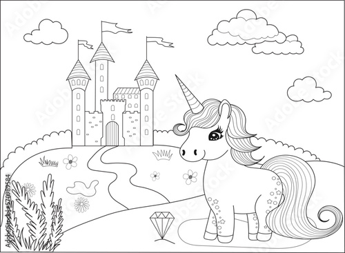 unicorn and castle cartoon coloring book isolated, vector