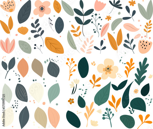 set of leaves and plants design isolated, icon, vector