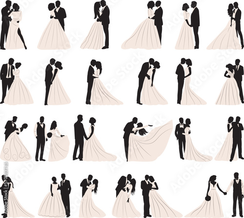 silhouette set of bride and groom design isolated  icon  vector