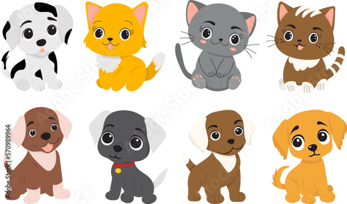 kittens and puppies set cute cartoon on white background isolated, vector