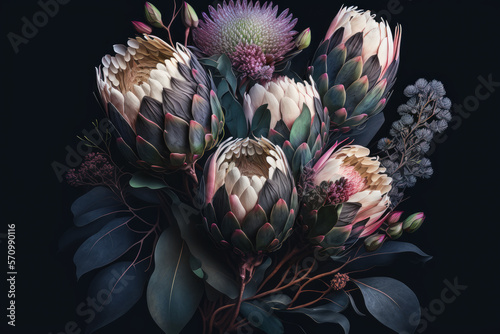 Clode-up protea flowers, Generative AI