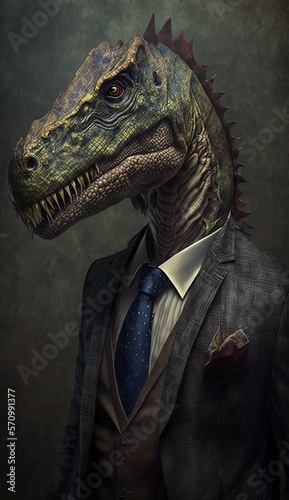 Portrait of a Dinosaur in a Business Suit, Ready for Action. GENERATED AI.