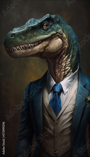 Portrait of a Dinosaur in a Business Suit  Ready for Action. GENERATED AI.