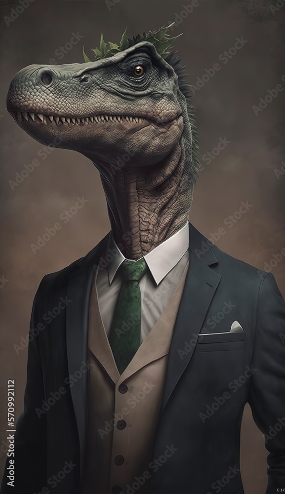 Portrait of a Dinosaur in a Business Suit, Ready for Action. GENERATED AI. Portrait of a Dinosaur in a Business Suit, Ready for Action. GENERATED AI.