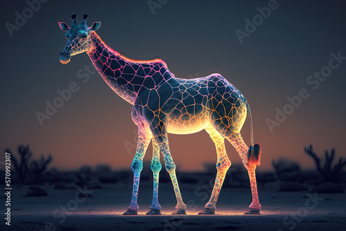 Full Body Giraffe with Neon lights on a dark background.  Generative AI
