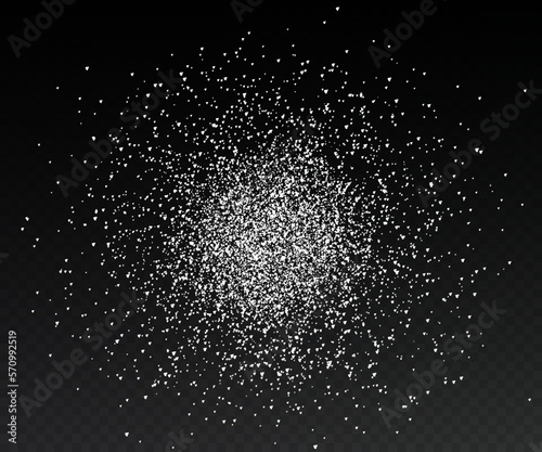 Design element for kitchen, bakery, advertising, video. Powdered sugar png explosion or splash, falling flour, salt powder falling gently. Top view 3d effect