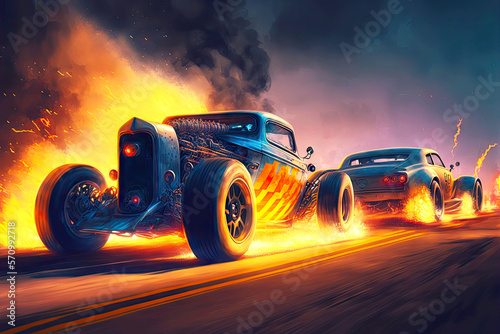racing between cars in flames on highway hot rods, generative ai