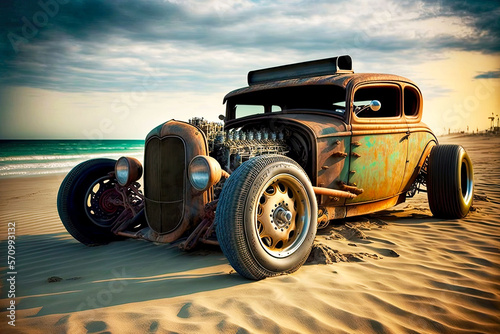 rusty old hot rods car stands on beach next to ocean, generative ai