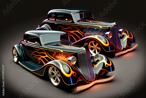 hot rods with black shiny paint and flames on sides and hood, generative ai