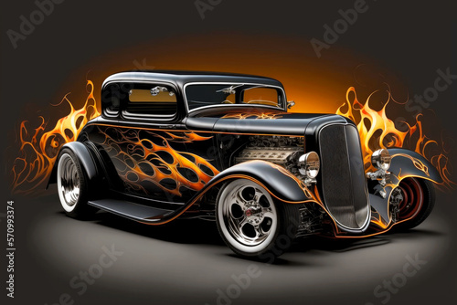 hot rods with black shiny paint and flames on sides and hood, generative ai