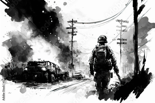 Watercolor war black and white illustration, urban war zone, civil unrest disturbance concept illustration, genereative ai