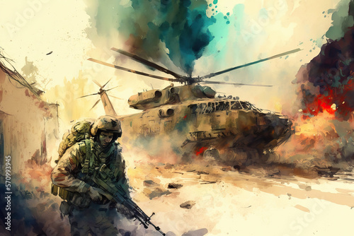 Watercolor war illustration, urban war zone, civil unrest disturbance concept illustration, genereative ai