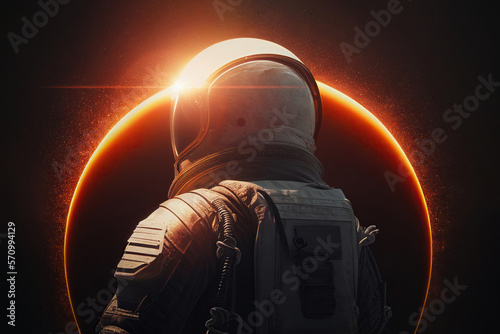 Anonymous astronaut watching a solar eclipse. Generative AI photo