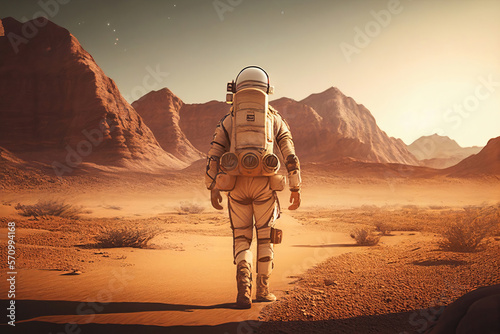 Astronaut walking on the planet Mars. Generative AI photo