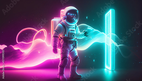 Sci-fi Retrowave space 3D illustration of science fiction scene with mysterious astronaut figure in space suit surrounded by glowing neon tube lights. Generative Ai.