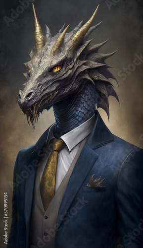 Portrait of a Fantastic Dragon in a Business Suit, Ready for Action. GENERATED AI. © AI Indigo