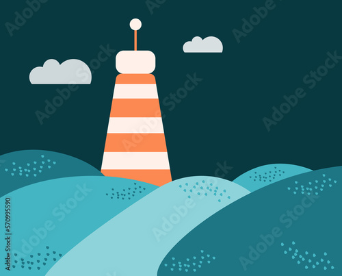 Lighthouse in the sea, sea waves wash the horizon. Flat style design elements.