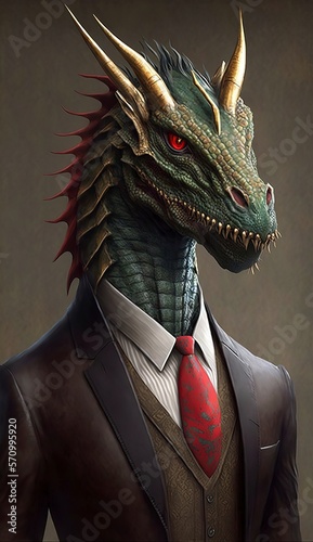 Portrait of a Fantastic Dragon in a Business Suit  Ready for Action. GENERATED AI.