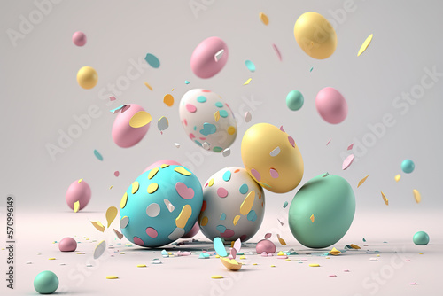 Colorful flying pastel easter eggs in 3D. AI Generative.