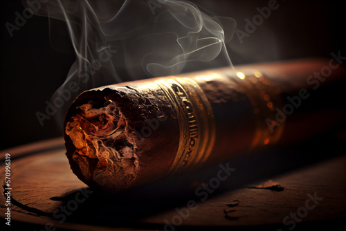 Cuban cigar with smoke, close up view with details, atmospheric light and background. generative AI