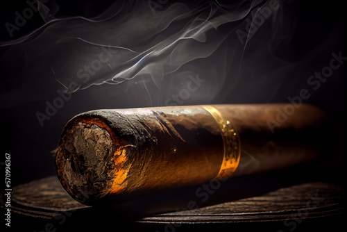 Cuban cigar with smoke, close up view with details, atmospheric light and background. generative AI