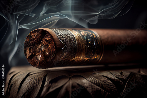 Cuban cigar with smoke, close up view with details, atmospheric light and background. generative AI photo